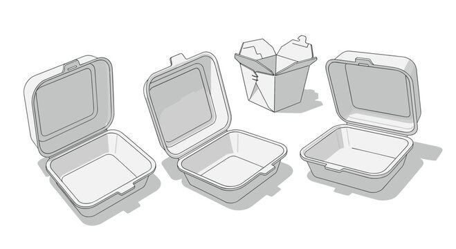 Collection of clamshell food containers in various open positions showcasing their versatile packaging solutions for takeout and delivery services