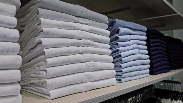 Close-up of neatly folded shirts in white, light blue, and navy on wooden shelf. Stacked clothing items organized in retail store. Display of casual wear in menswear section. Side view
