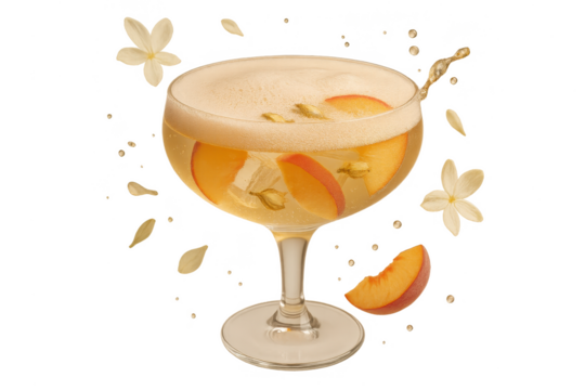 Elegant peach cocktail in coupe glass, isolated on transparent background shot