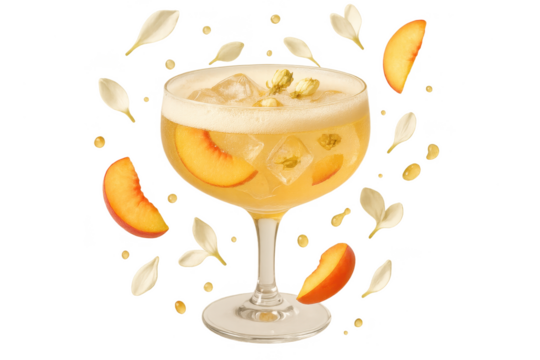 Refreshing peach cocktail with ice and flowers isolated on transparent background