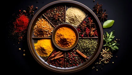 Round spice tray filled with various ground and whole spices © Berkah7