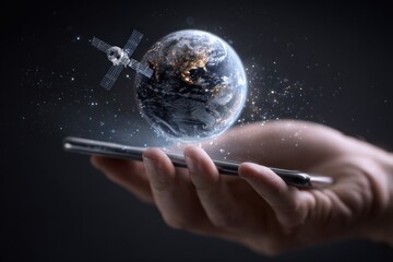 Hand holds phone, Earth & satellite appear holographic