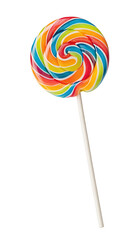 Colorful swirl lollipop candy on stick with vibrant pattern against white background in high resolution