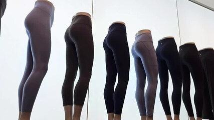 Back view of female mannequins dressed in sports leggings lined up in front of white wall. Fashion store interior. Activewear and retail concept