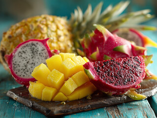 tropical fruit on a wooden board