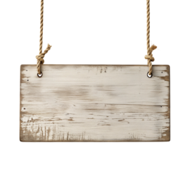 Rustic wooden hanging signboard with rope on dark background for vintage decor or shop display