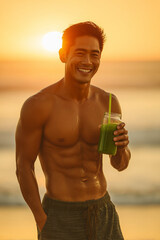 man drinking tropical fruit smoothie at the beach