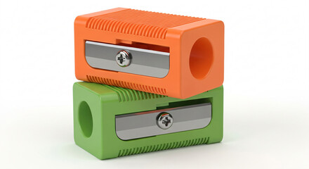 Fototapeta premium Two stacked rectangular pencil sharpeners, one orange and one green, each with a metal blade and screw.