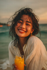 young girl drinking orange juice at beach