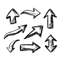 Hand drawn line chalk brush stroke arrow icon set. Chalk crayon underline, check mark, scribble and texture in rough hand sketch style. Drawn heart, frame, star design shapes. Vector illustration