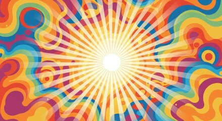 Vibrant rainbow swirls radiate outwards from a bright central sunburst.