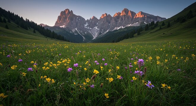 Scenic Mountain Landscape with Wildflowers in Green Valley at Sunset