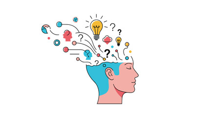 Illustration of a human head with ideas and thoughts emanating from it in a colorful and creative burst of abstract shapes and symbols representing innovation and creativity