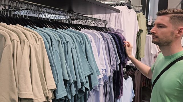 Man browsing t shirts in clothing store. Casual male customer shopping in menswear section. Retail fashion and consumer behavior concept
