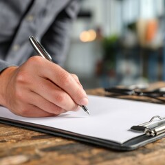 Close up of hands holding clipboard