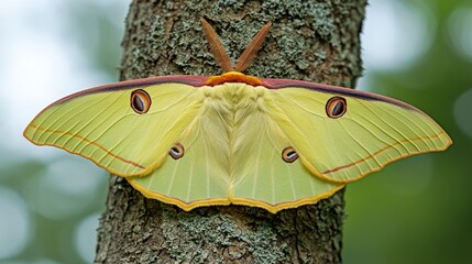 Pale moth with large wings on tree trunk