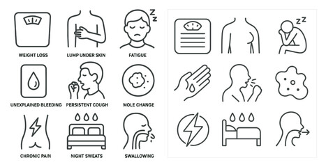 Series of health-related icons, including a scale, a hand, and a person with a cough. The icons are arranged in a grid, with some overlapping each other. Scene is serious and informative
