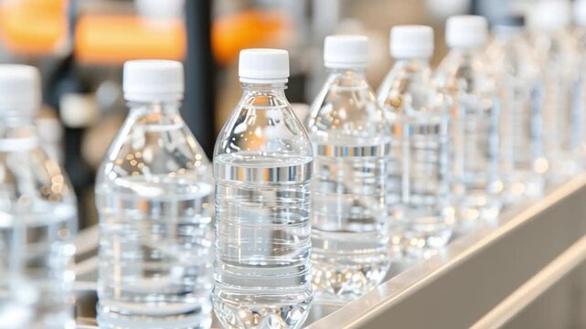Bottled Water: A row of neatly aligned plastic water bottles move along a conveyor belt in a manufacturing facility. Each bottle contains clear, refreshing water, symbolizing health, purity.