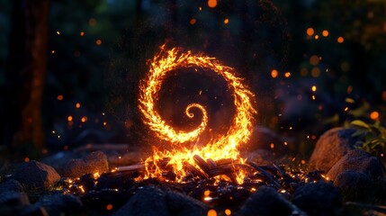 Captivating fire spiral pattern emanating from campfire at night digital art outdoor setting enchanting atmosphere