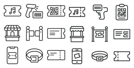 Set of icons for tickets, tickets, and tickets. The icons are all in black and white