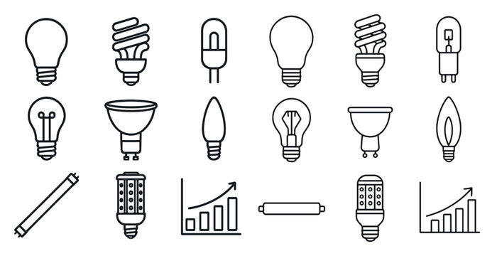 Collection of light bulbs and a graph. The light bulbs are of various shapes and sizes, and the graph shows a trend or pattern. Concept of progress or growth, as the graph rises