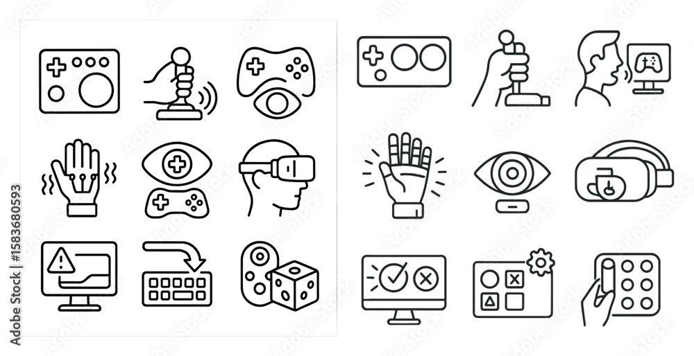 Poster set of icons for video games and virtual reality. the icons include a keyboard, a game controller, a