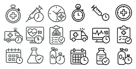 Set of medical icons including a clock, syringe, and a hospital. The icons are arranged in a grid and are all in black