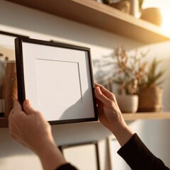 Close up of hands adjusting framed photo