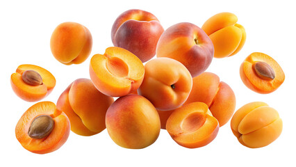Pile of fresh apricots, some halved with stones, against white background