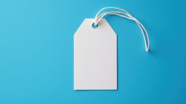 A blank white price tag with a string is set against a solid blue background, ready for labeling or branding purposes.