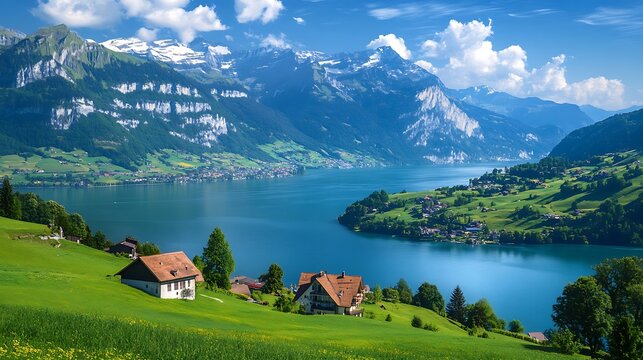 Landscape view of lake lucerne with mountains and houses on green hillsides
