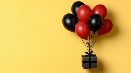 A black gift box tied with a black ribbon is lifted by a cluster of red and black balloons against a plain yellow background.
