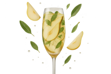 Refreshing pear and herb infused drink in glass isolated on transparent background