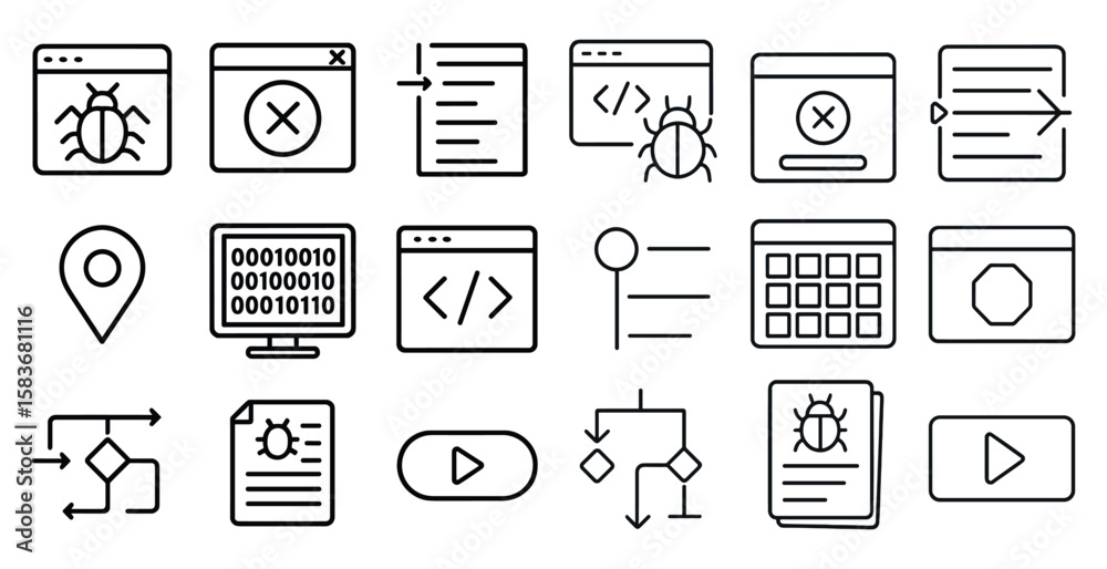 Poster Set of icons for a computer program. The icons include a computer monitor, a keyboard, a mouse, a calendar, a map, and a video player