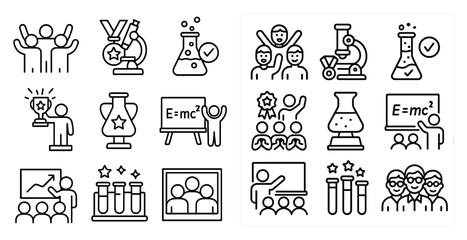 Collection of science-related icons, including a man holding a trophy, a man holding a baseball bat, and a man holding a baseball glove