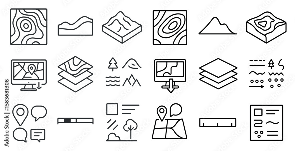 Fototapete series of icons that represent different things such as a computer monitor, a mountain, a tree, and 