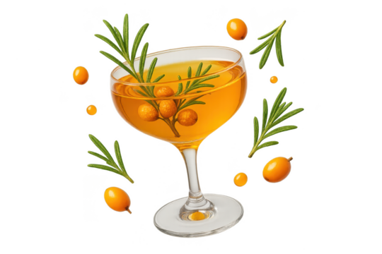 Refreshing sea buckthorn cocktail with rosemary isolated on transparent background