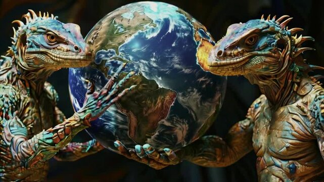 The Lizard People holding the Earth in their claws, conpiracy theory, artist's impression.