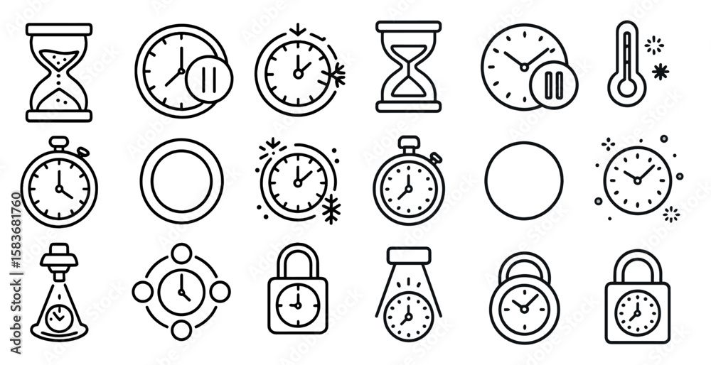 Poster collection of clocks and a timer. the clocks are all different sizes and shapes, and the timer is in