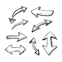 Hand drawn line chalk brush stroke arrow icon set. Chalk crayon underline, check mark, scribble and texture in rough hand sketch style. Drawn heart, frame, star design shapes. Vector illustration