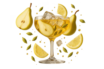 Refreshing pear and lemon cocktail with cardamom pods isolated on transparent background.