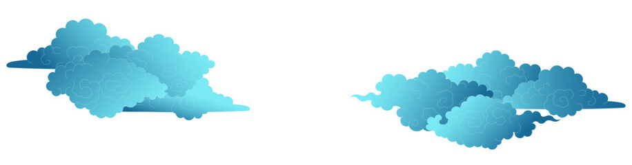 Traditional Asian clouds, line drawing, blue gradient, isolated on transparent. Hand drawn vector illustration. Buddhist thangka art. Chinese, Japanese, Korean design element, clip art, background