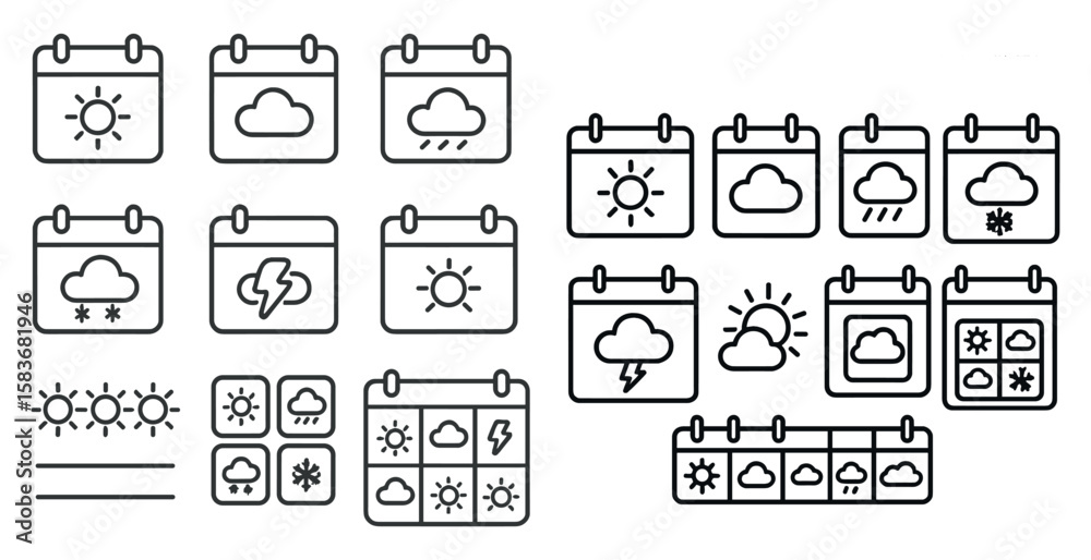 Poster set of weather icons and calendars. the weather icons include clouds, sun, rain, and lightning. the 