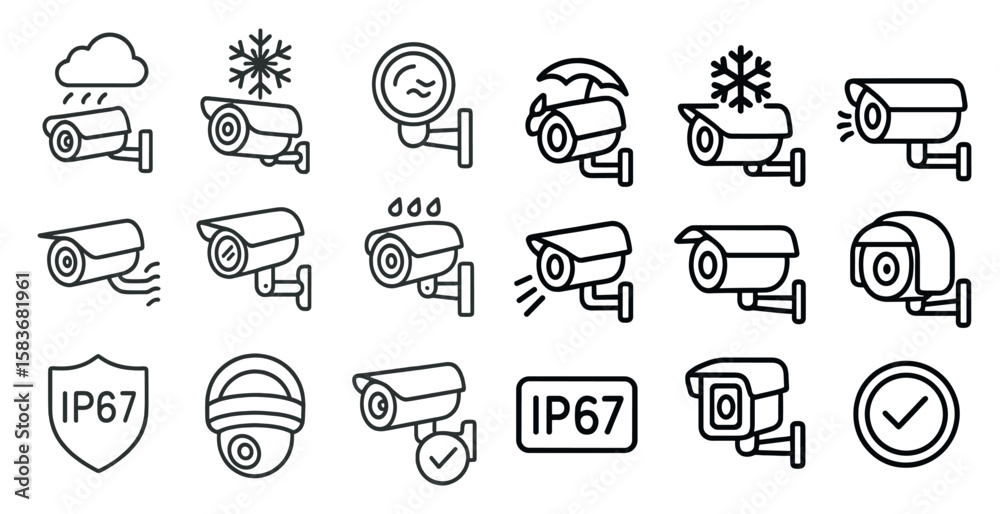 Poster collection of security camera icons, including a shield, a camera, and a clock. the clock is marked 