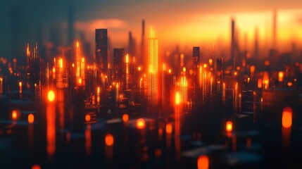 Fototapeta premium Analyzing forex trends with a glowing candlestick chart overlay in a vibrant urban landscape