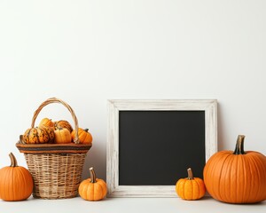 A wicker basket filled with small pumpkins, surrounded by three pumpkins of various sizes, sits next to a blank chalkboard with a white wooden frame on a white surface.