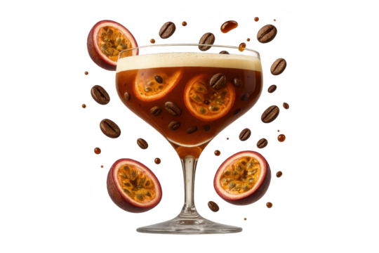 Vibrant coffee cocktail with passion fruit and beans, isolated on transparent background