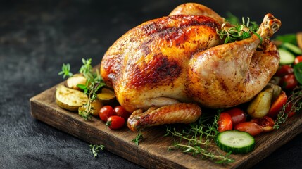 Roasting a whole golden-brown chicken with crispy skin home kitchen culinary delight cozy atmosphere top-down view perfect comfort food