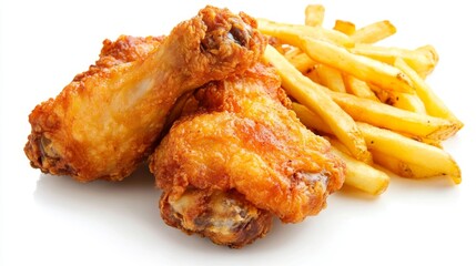 Crispy golden fried chicken wings with a side of seasoned french fries kitchen table food photography warm lighting satisfying comfort food experience
