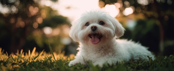 The adorable Maltese dog enjoying the warm sunlight in a lush garden.